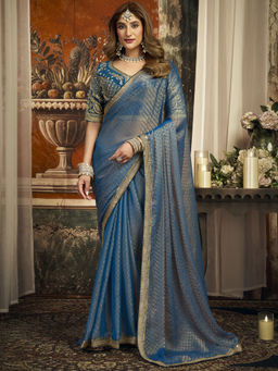 SATRANI - Blue Embroidered Chiffon Embroidered Saree with Unstitched Blouse