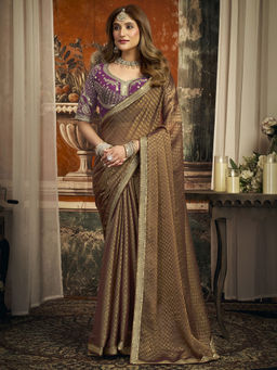 SATRANI - Brown Embroidered Chiffon Embroidered Saree with Unstitched Blouse