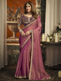 SATRANI - Magenta Embroidered Chiffon Embroidered Saree with Unstitched Blouse