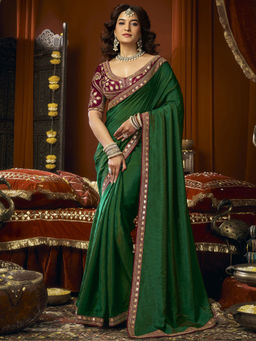 SATRANI - Green Embroidered Silk Embroidered Saree with Unstitched Blouse
