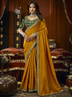 SATRANI - Mustard Embroidered Silk Embroidered Saree with Unstitched Blouse