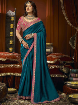 SATRANI - Teal Embroidered Silk Embroidered Saree with Unstitched Blouse