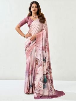 SATRANI - Off White Floral Satin Printed Saree with Unstitched Blouse