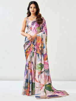SATRANI - Off White Floral Satin Printed Saree with Unstitched Blouse