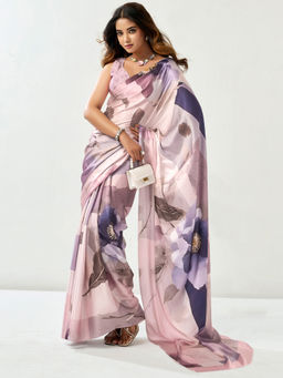 SATRANI - Pink Floral Satin Printed Saree with Unstitched Blouse