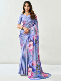 SATRANI - Blue Floral Satin Printed Saree with Unstitched Blouse