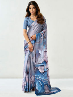 SATRANI - Grey Floral Satin Printed Saree with Unstitched Blouse