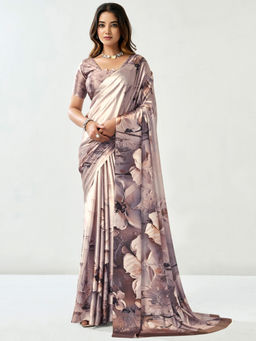 SATRANI - Off White Floral Satin Printed Saree with Unstitched Blouse
