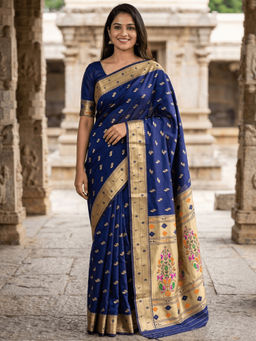 SATRANI - Navy Blue Woven Silk Handloom Saree with Unstitched Blouse