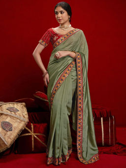 SATRANI - Green Silk Blend Embroidered Saree with Unstitched Blouse