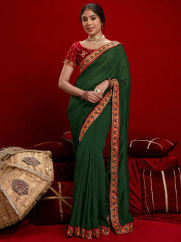SATRANI - Green Silk Blend Embroidered Saree with Unstitched Blouse