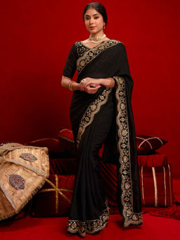 SATRANI - Black Silk Blend Embroidered Saree with Unstitched Blouse