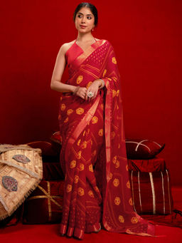 SATRANI - Red Georgette Printed Saree with Unstitched Blouse