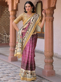 SATRANI - Purple Silk Printed Saree with Unstitched Blouse