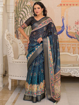 SATRANI - Navy Blue Floral Silk Printed Saree with Unstitched Blouse