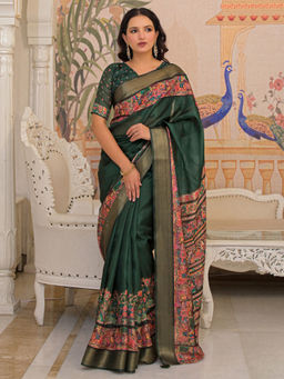 SATRANI - Green Floral Silk Printed Saree with Unstitched Blouse
