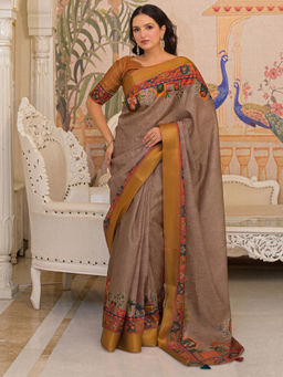 SATRANI - Brown Silk Printed Saree with Unstitched Blouse