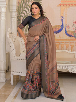 SATRANI - Beige Silk Printed Saree with Unstitched Blouse
