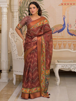 SATRANI - Brown Silk Printed Saree with Unstitched Blouse