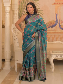 SATRANI - Blue Floral Silk Printed Saree with Unstitched Blouse