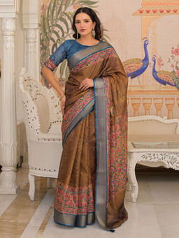 SATRANI - Mustard Floral Silk Printed Saree with Unstitched Blouse