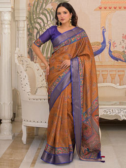 SATRANI - Rust Floral Silk Printed Saree with Unstitched Blouse