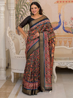 SATRANI - Black Floral Silk Printed Saree with Unstitched Blouse