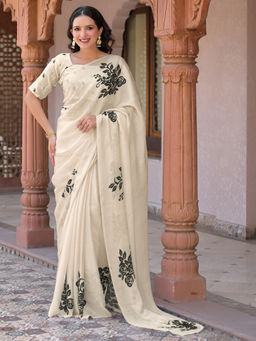 SATRANI - Off White Floral Satin Printed Saree with Unstitched Blouse