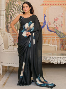 SATRANI - Black Floral Satin Printed Saree with Unstitched Blouse