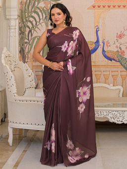 SATRANI - Wine Floral Satin Printed Saree with Unstitched Blouse