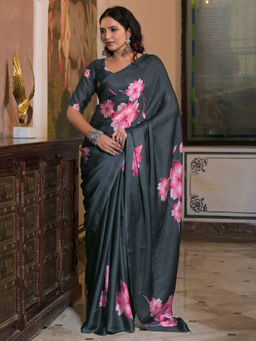 SATRANI - Grey Floral Satin Printed Saree with Unstitched Blouse
