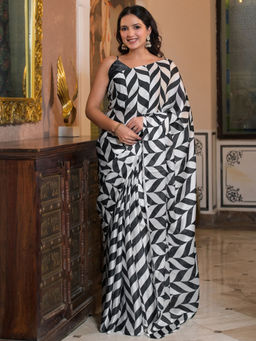 SATRANI - White Printed Satin Printed Saree with Unstitched Blouse
