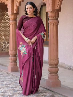 SATRANI - Magenta Floral Chiffon Printed Saree with Unstitched Blouse