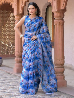 SATRANI - Blue Floral Tissue Printed Saree with Unstitched Blouse