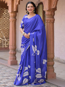 SATRANI - Blue Printed Chiffon Printed Saree with Unstitched Blouse