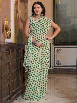 SATRANI - Green Polka Dots Georgette Printed Saree with Unstitched Blouse