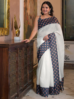 SATRANI - White Linen Printed Saree with Unstitched Blouse