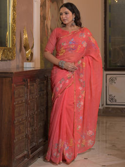 SATRANI - Pink Floral Linen Printed Saree with Unstitched Blouse