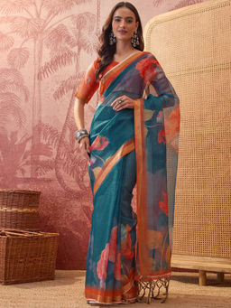 SATRANI - Blue Floral Kota Printed Saree with Unstitched Blouse