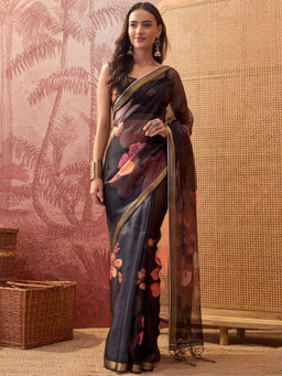 SATRANI - Black Floral Kota Printed Saree with Unstitched Blouse