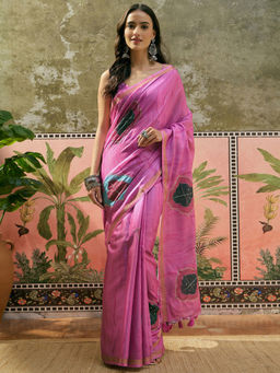 SATRANI - Pink Embroidered Cotton Embroidered Saree with Unstitched Blouse