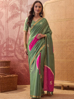 SATRANI - Green Embroidered Cotton Embroidered Saree with Unstitched Blouse