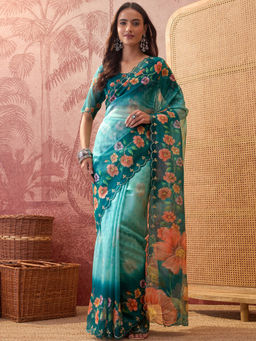 SATRANI - Turquoise Floral Organza Printed Saree with Unstitched Blouse