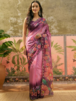 SATRANI - Mauve Floral Organza Printed Saree with Unstitched Blouse