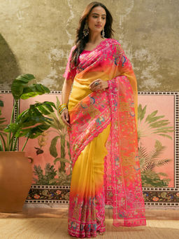 SATRANI - Yellow Organza Printed Saree with Unstitched Blouse