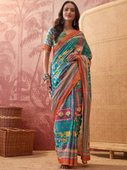 SATRANI - Blue Silk Printed Saree with Unstitched Blouse