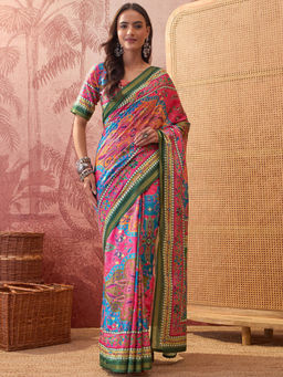 SATRANI - Pink Floral Silk Printed Saree with Unstitched Blouse