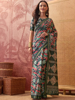 SATRANI - Grey Floral Silk Printed Saree with Unstitched Blouse