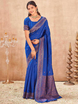 SATRANI - Blue Woven Silk Handloom Saree with Unstitched Blouse