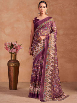 SATRANI - Mauve Floral Linen Printed Saree with Unstitched Blouse